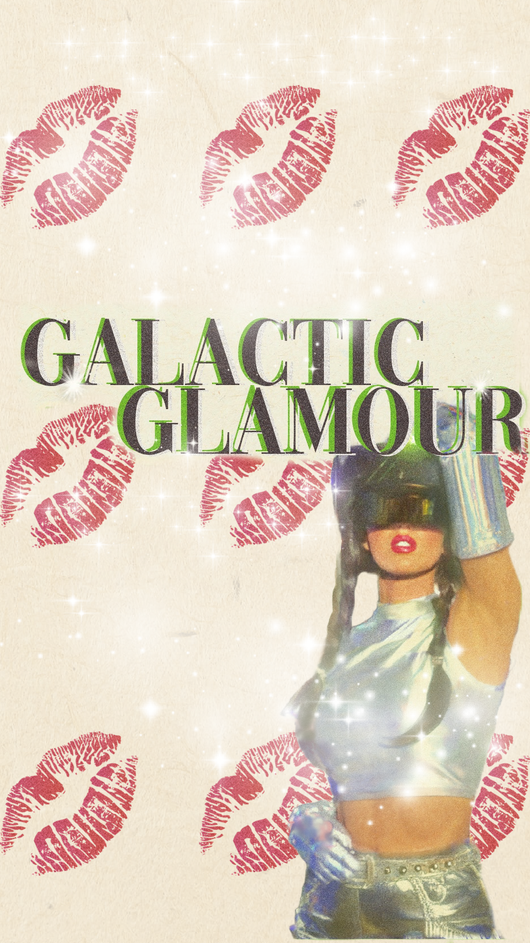 Glam futuristic cowgirl posing, 'Galactic Glamour' and lip prints on a beige background.