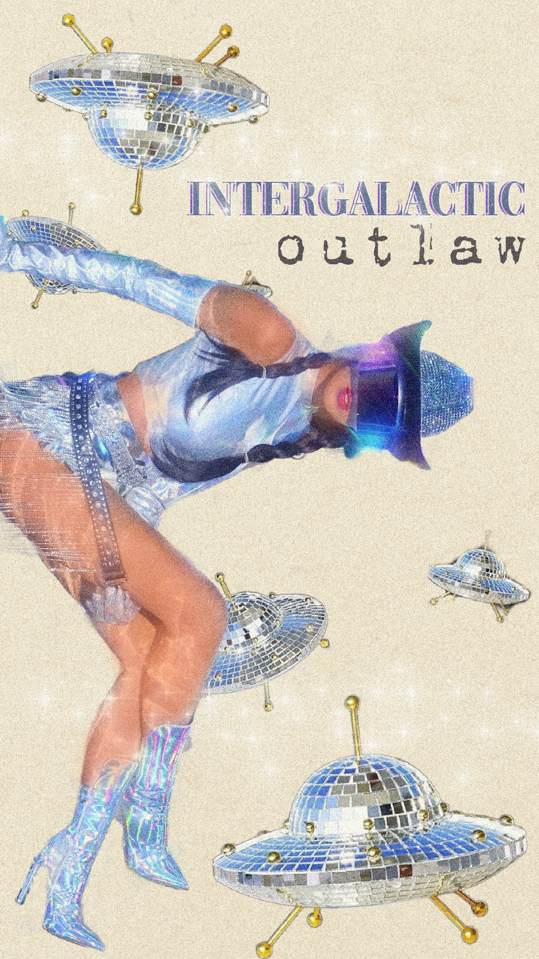 Futuristic cowgirl in holographic outfit and visor surrounded by disco ball UFOs, with the text ‘Intergalactic Outlaw’ on a vintage beige background.