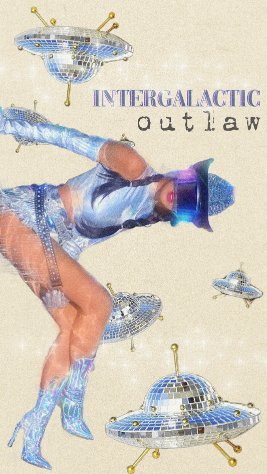 Futuristic cowgirl in holographic outfit and visor surrounded by disco ball UFOs, with the text ‘Intergalactic Outlaw’ on a vintage beige background.